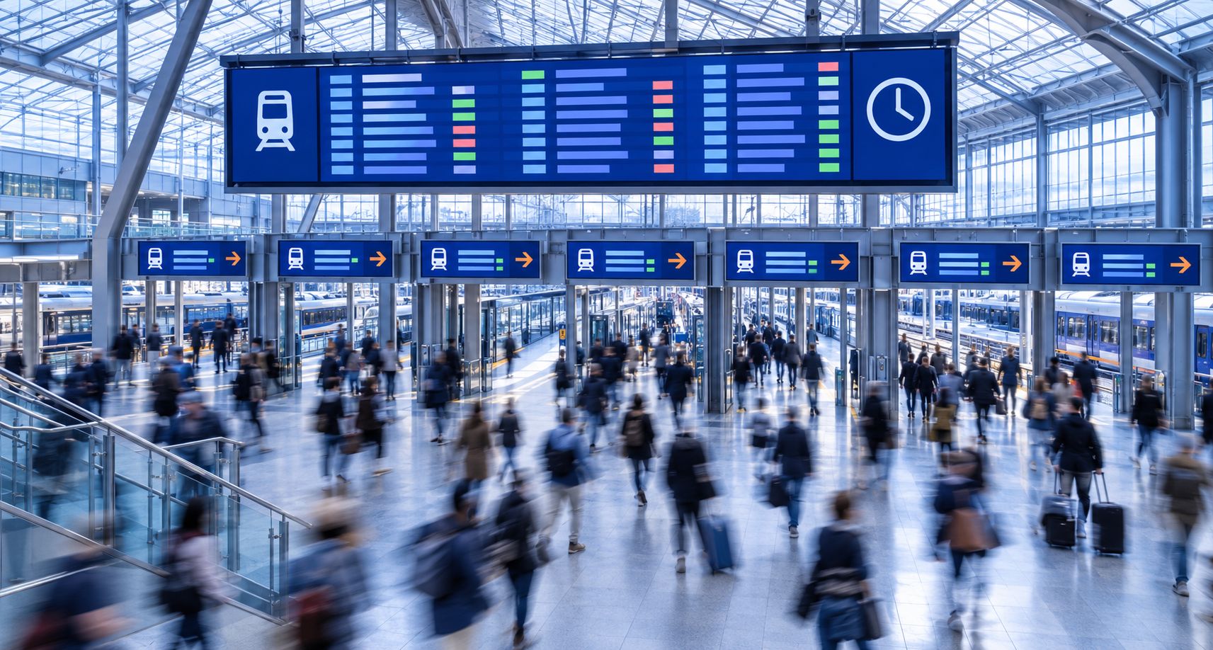 Station concourse at rush hour, with a departure board and wayfinding screens above the platforms