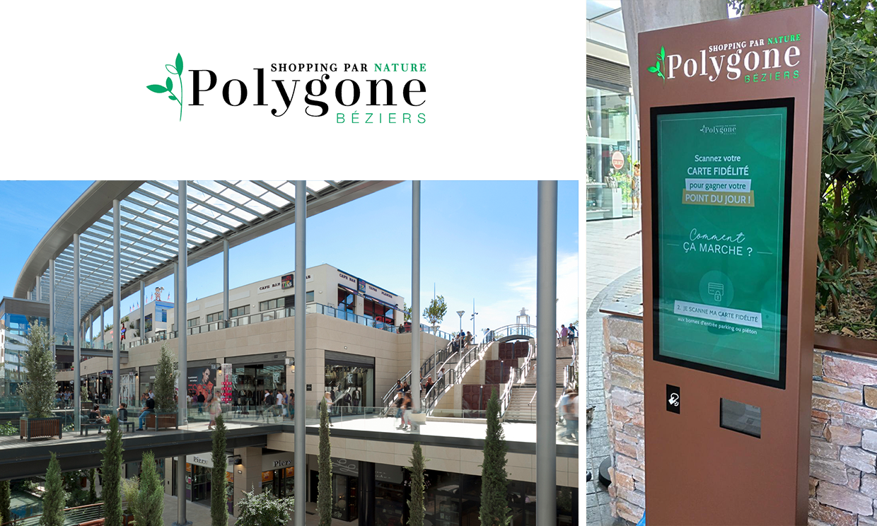 Logo du centre commercial Polygone Béziers, façade du centre et borne interactive installée en galerie