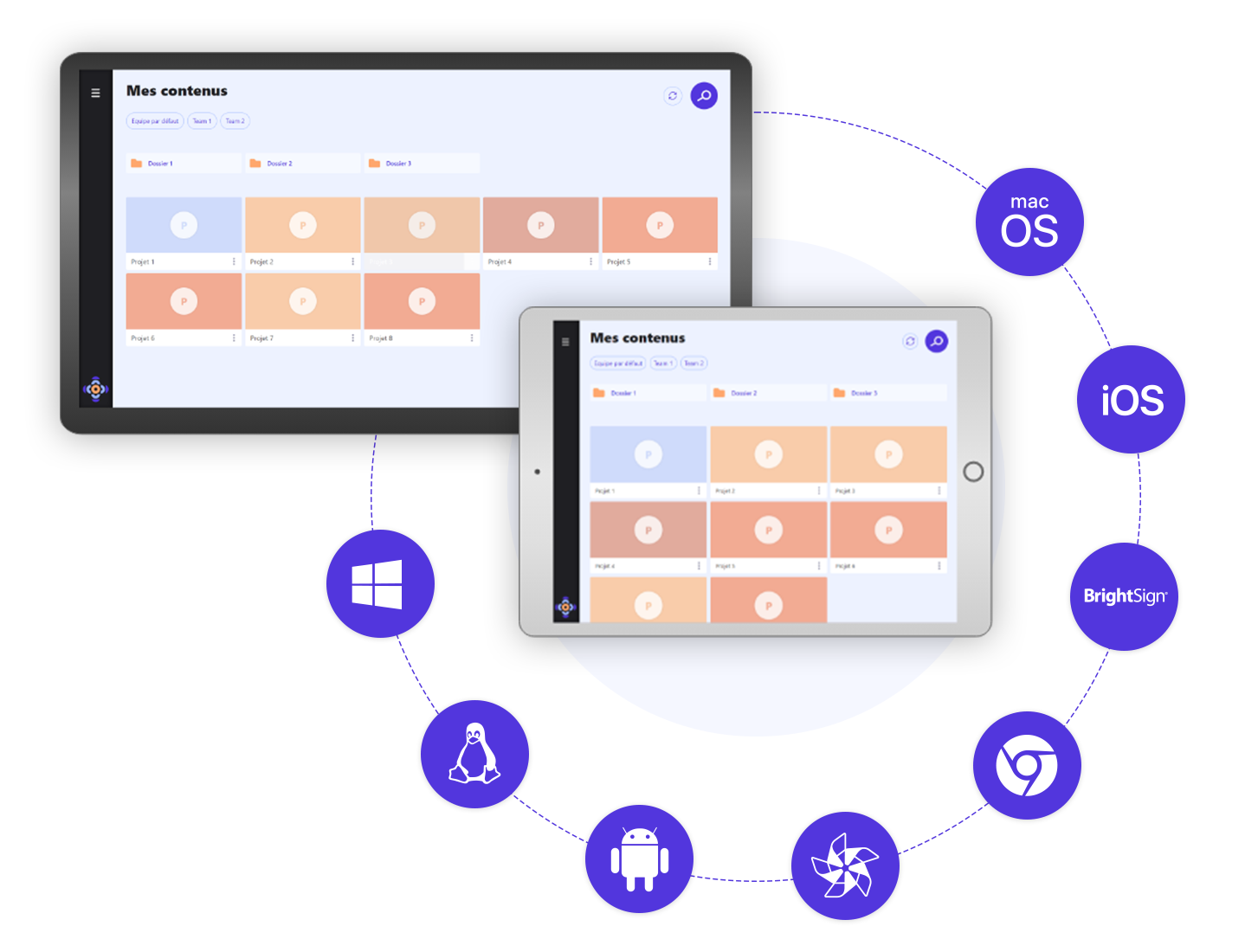Illustration of a tablet and phone displaying playlists, connected to macOS, iOS, Windows and BrightSign icons