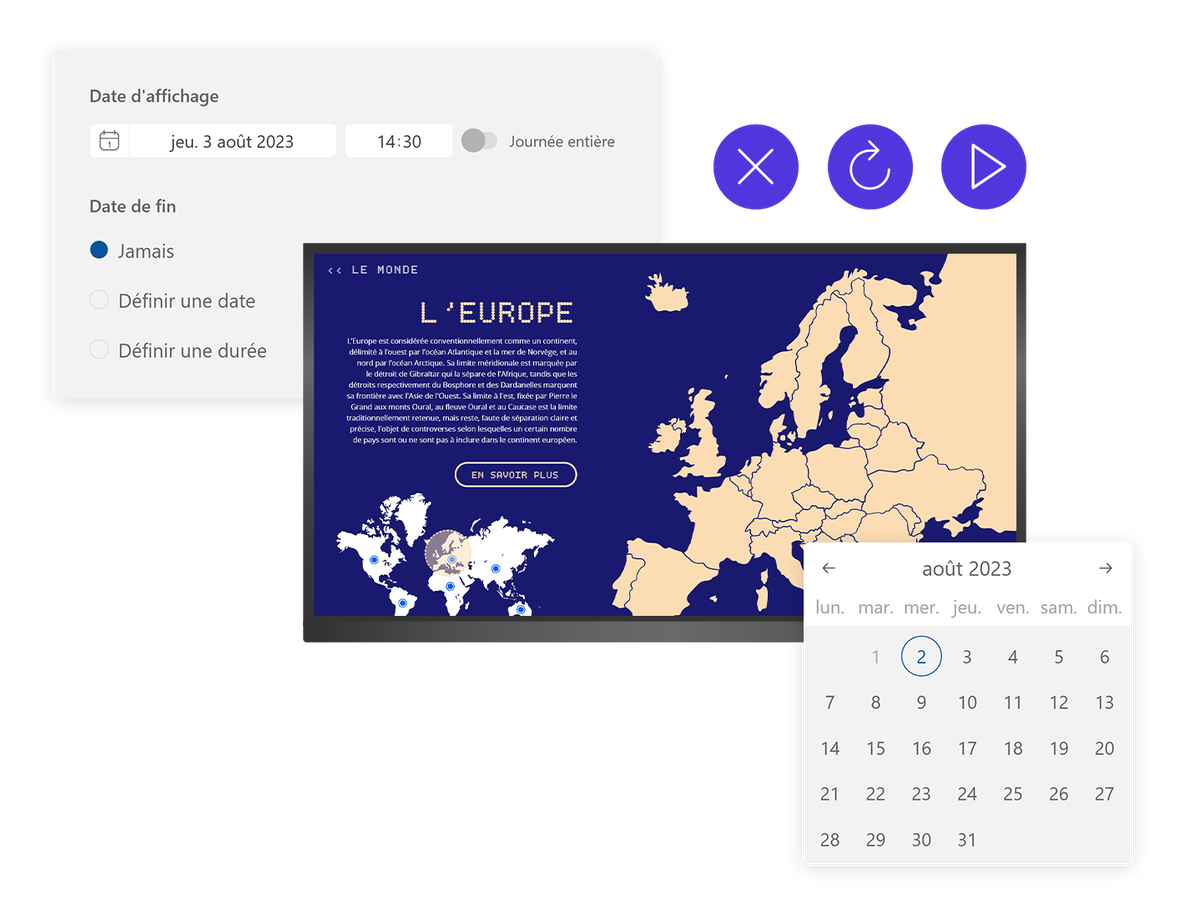 Screenshot of the Touchify broadcast scheduler with a calendar and a preview of a map-based playlist on a screen