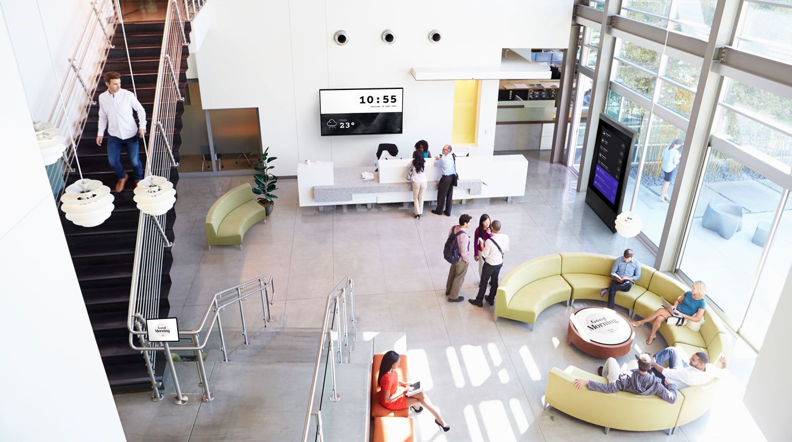 A welcome screen in a company reception