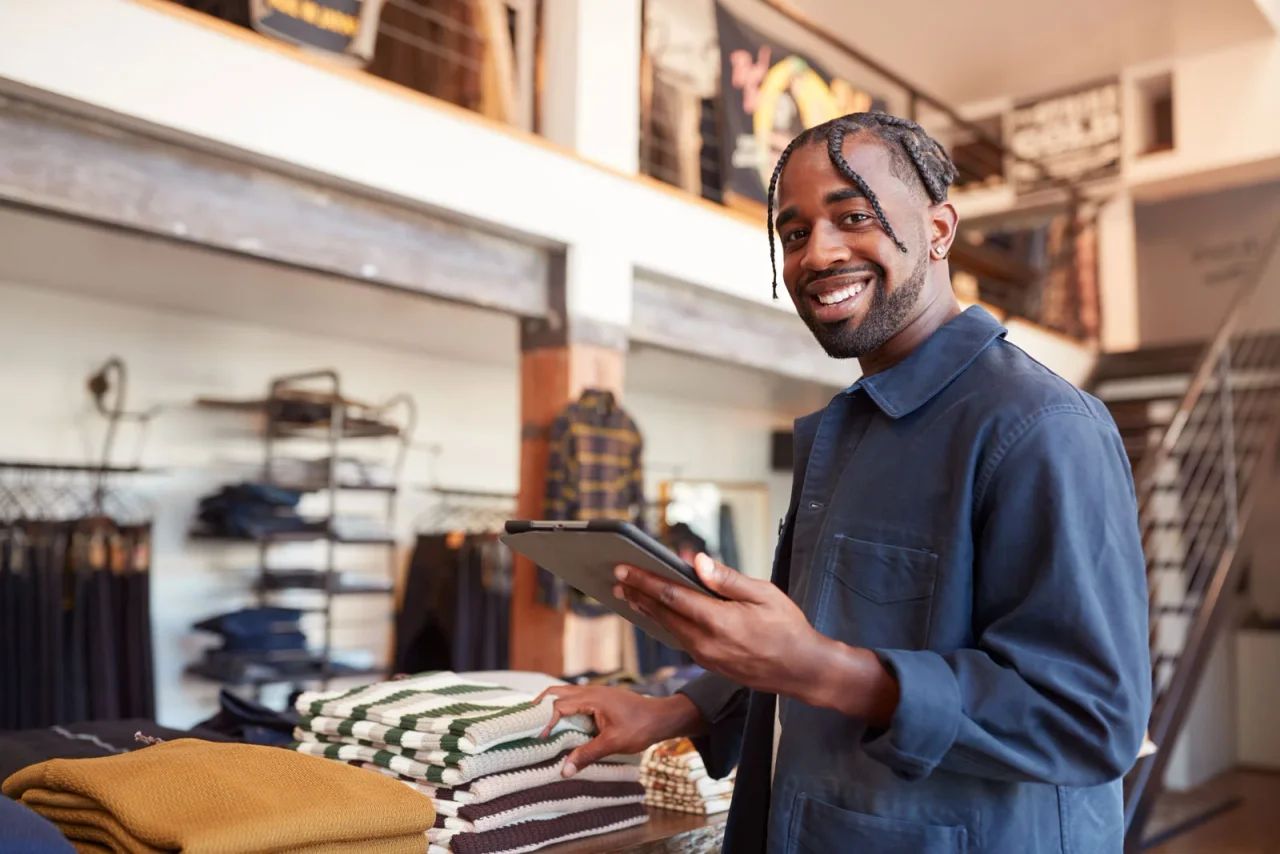Une tablette installée dans une boutique de vêtements